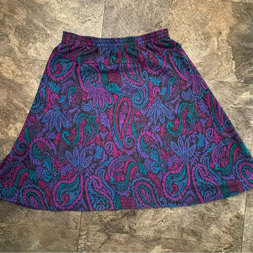 Vintage Paisley Floral Multicolor Knit Midi Knee Retro Skirt Size 14